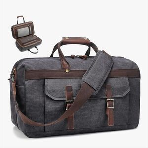 SOAEON Waterproof Genuine Leather Canvas Travel Duffel Weekender Bag Gray Brown